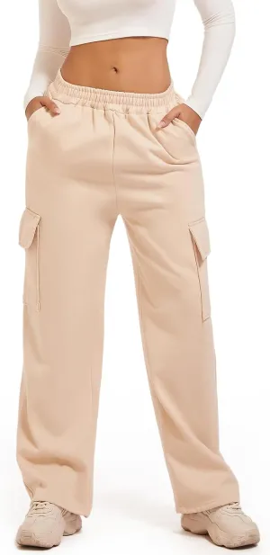 Wide Leg Cargo Sweatpants for Women High Waisted Baggy Fleece Joggers Casual Athletic Sweats Pants with Pockets