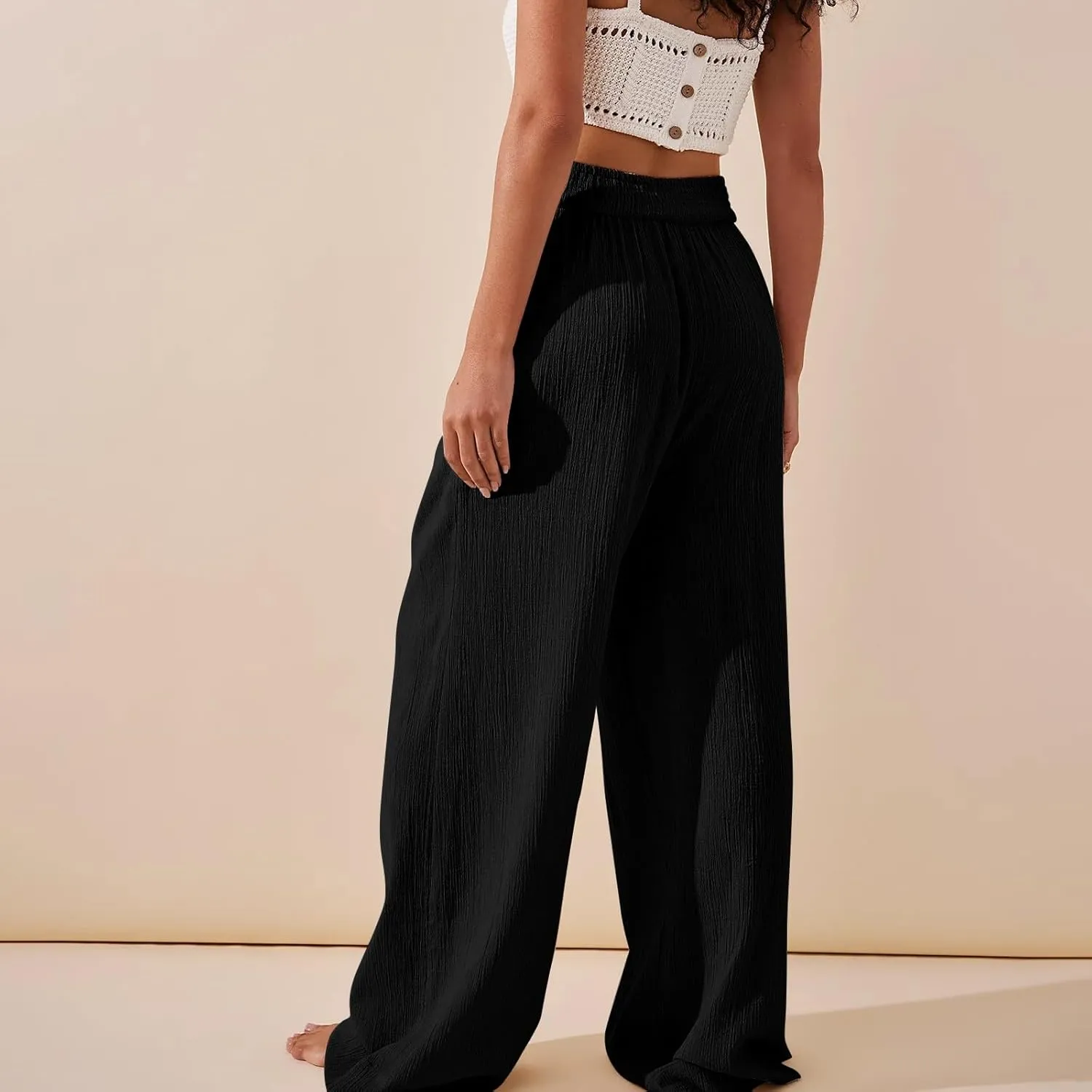 Wide Leg Linen Pants for Women Crossover High Waisted Palazzo Pants Casual Flowy Flare Beach Pants Resort Outfits