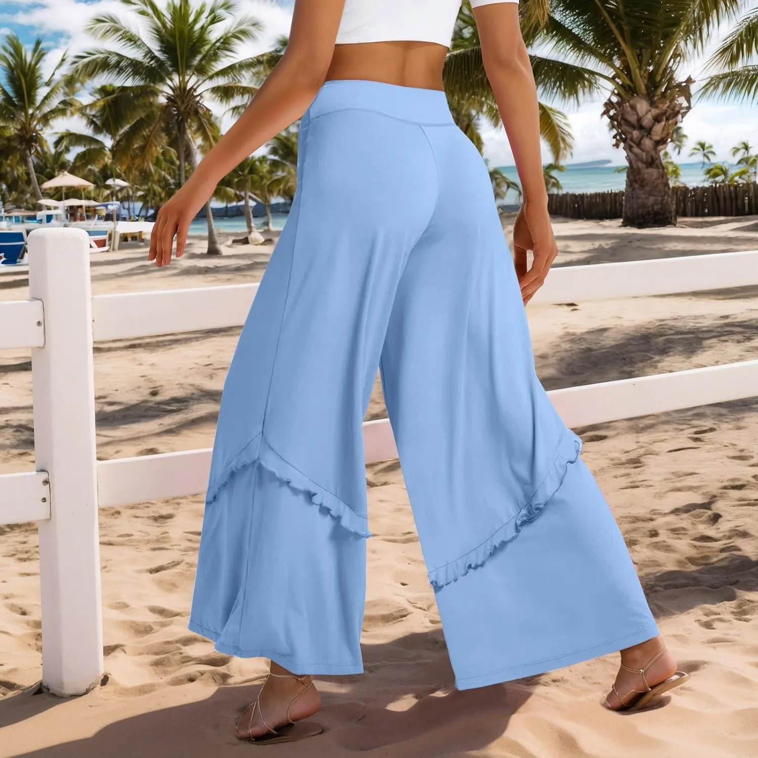 Wide Leg Pants Woman High Waisted Flowy Palazzo Pants Casual Cute Ruffle Comfy Lounge Cotton Yoga Pants Sweatpants