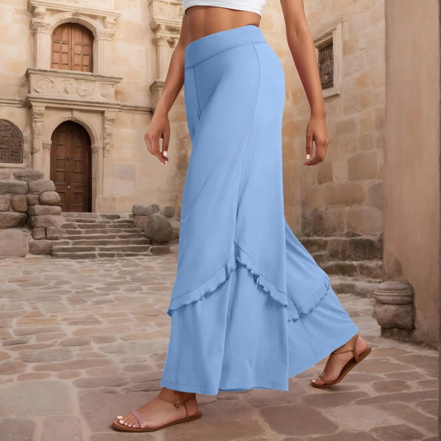 Wide Leg Pants Woman High Waisted Flowy Palazzo Pants Casual Cute Ruffle Comfy Lounge Cotton Yoga Pants Sweatpants