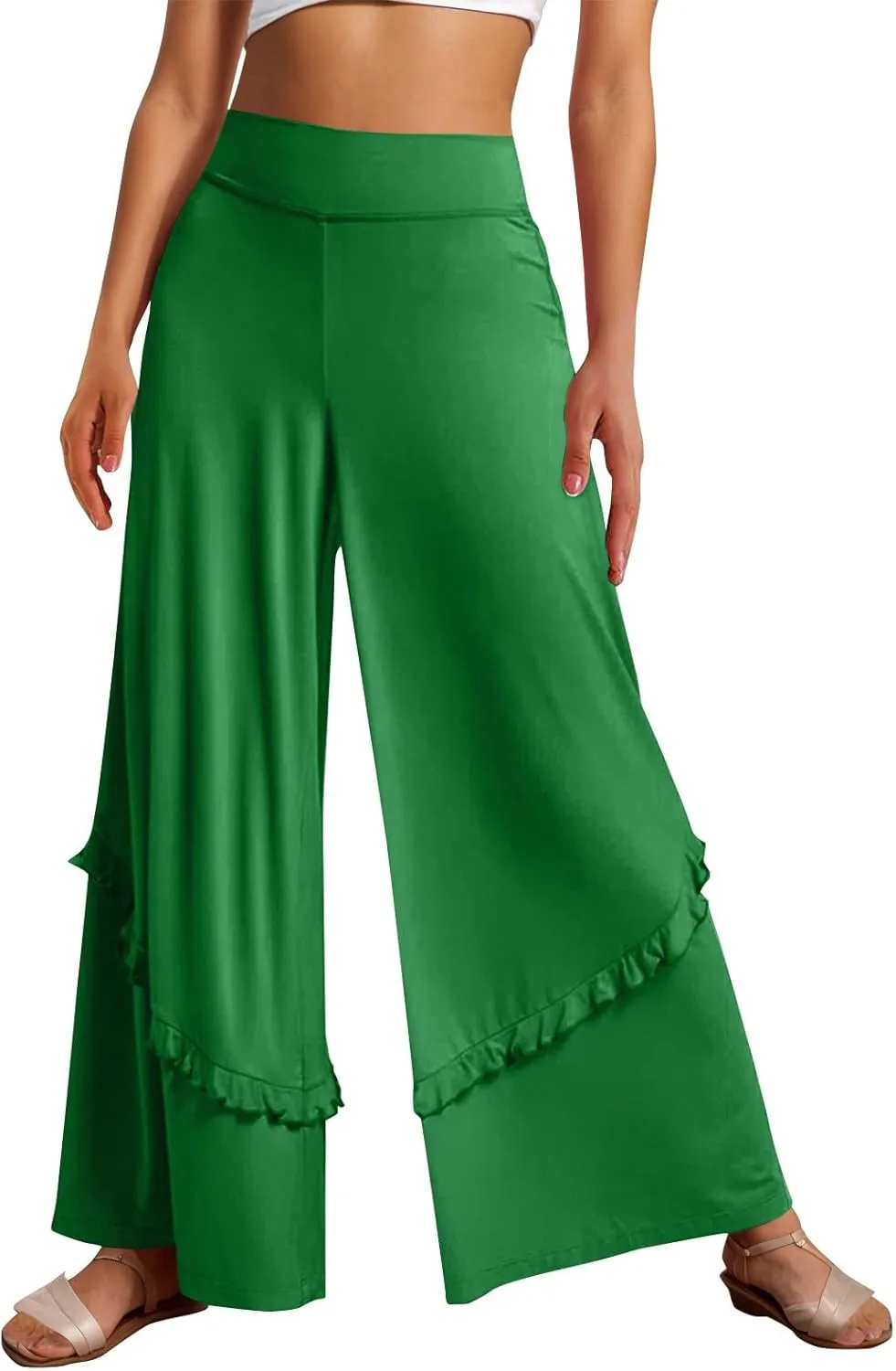 Wide Leg Pants Woman High Waisted Flowy Palazzo Pants Casual Cute Ruffle Comfy Lounge Cotton Yoga Pants Sweatpants
