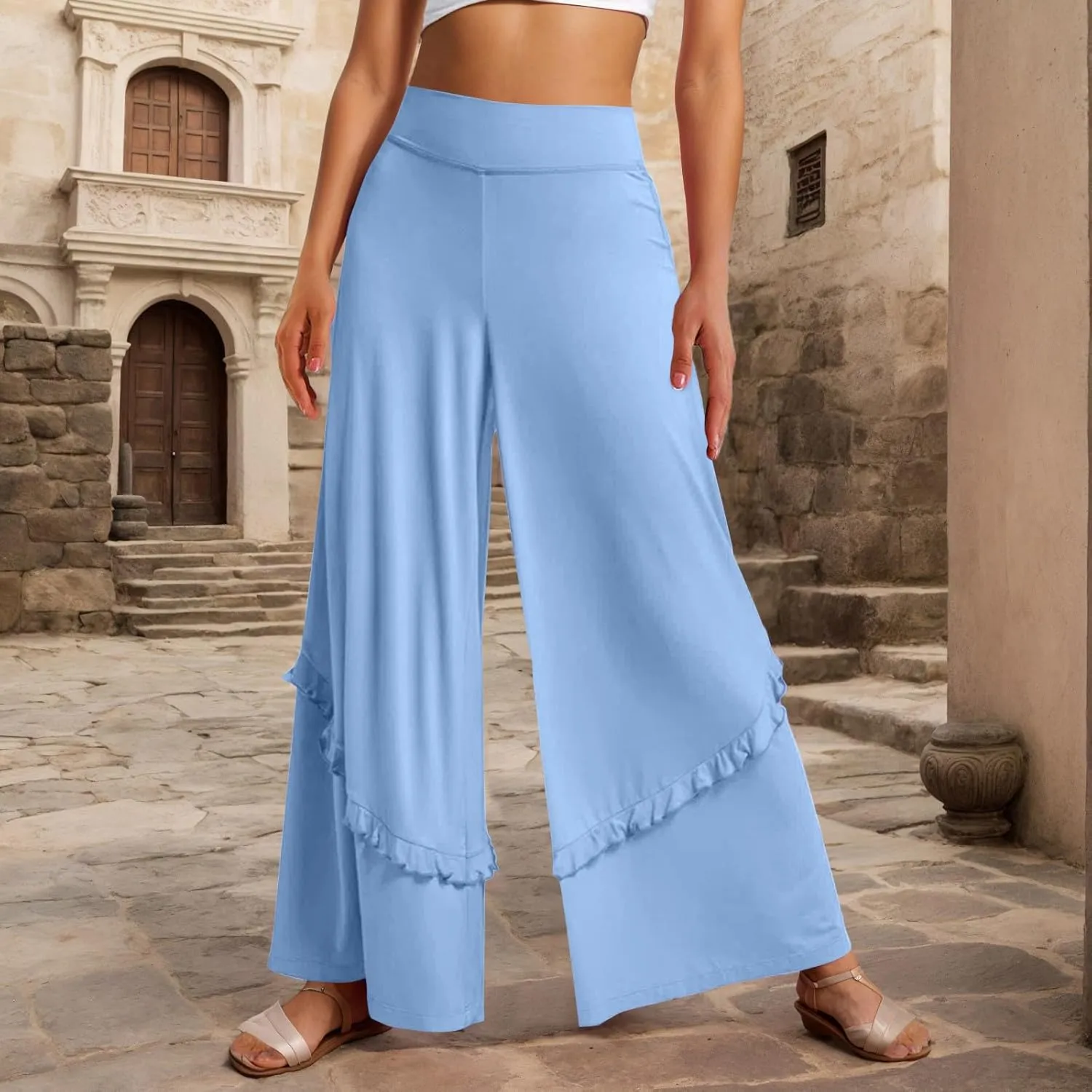 Wide Leg Pants Woman High Waisted Flowy Palazzo Pants Casual Cute Ruffle Comfy Lounge Cotton Yoga Pants Sweatpants