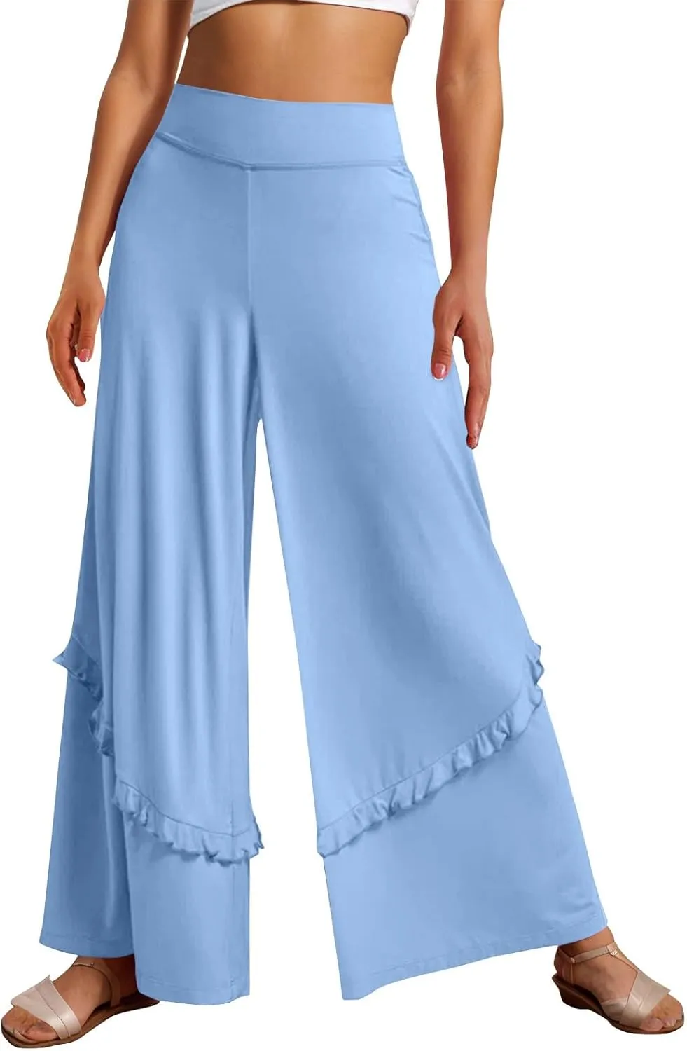 Wide Leg Pants Woman High Waisted Flowy Palazzo Pants Casual Cute Ruffle Comfy Lounge Cotton Yoga Pants Sweatpants