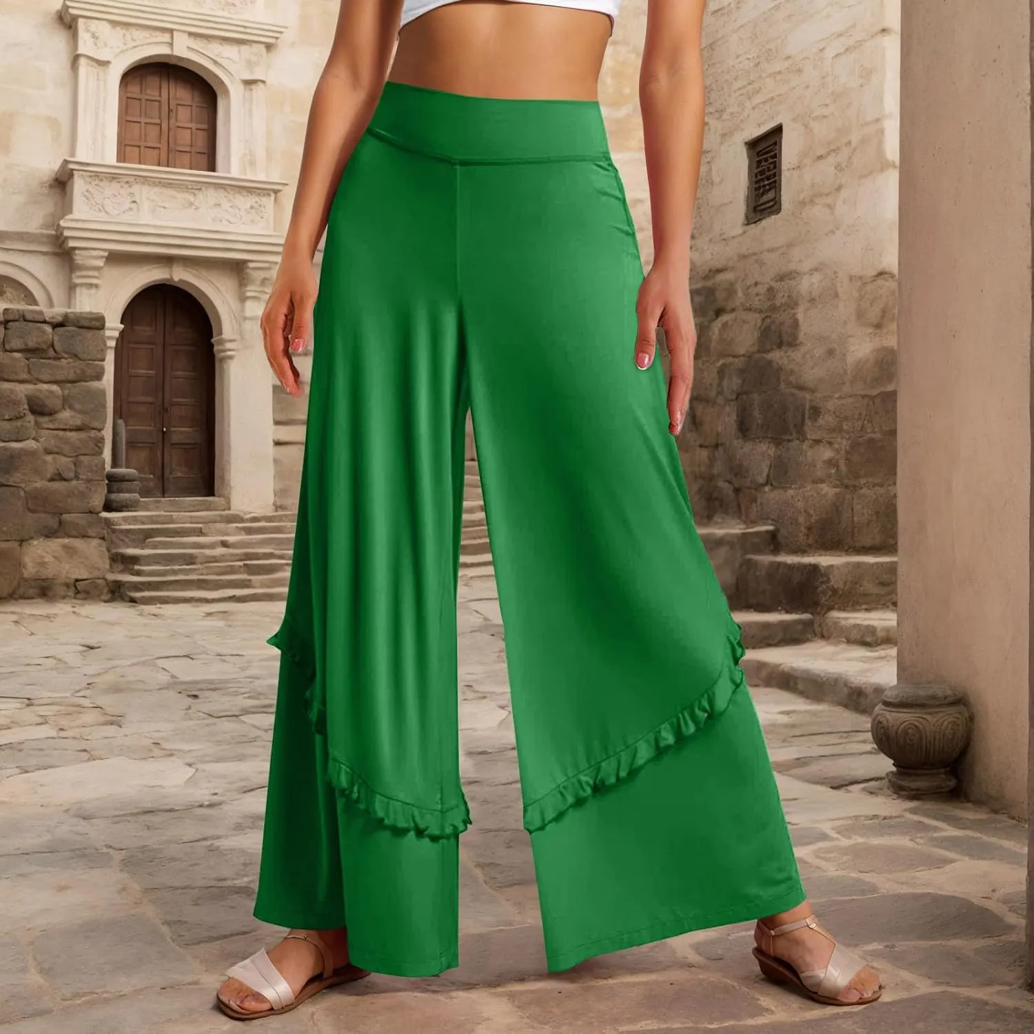 Wide Leg Pants Woman High Waisted Flowy Palazzo Pants Casual Cute Ruffle Comfy Lounge Cotton Yoga Pants Sweatpants