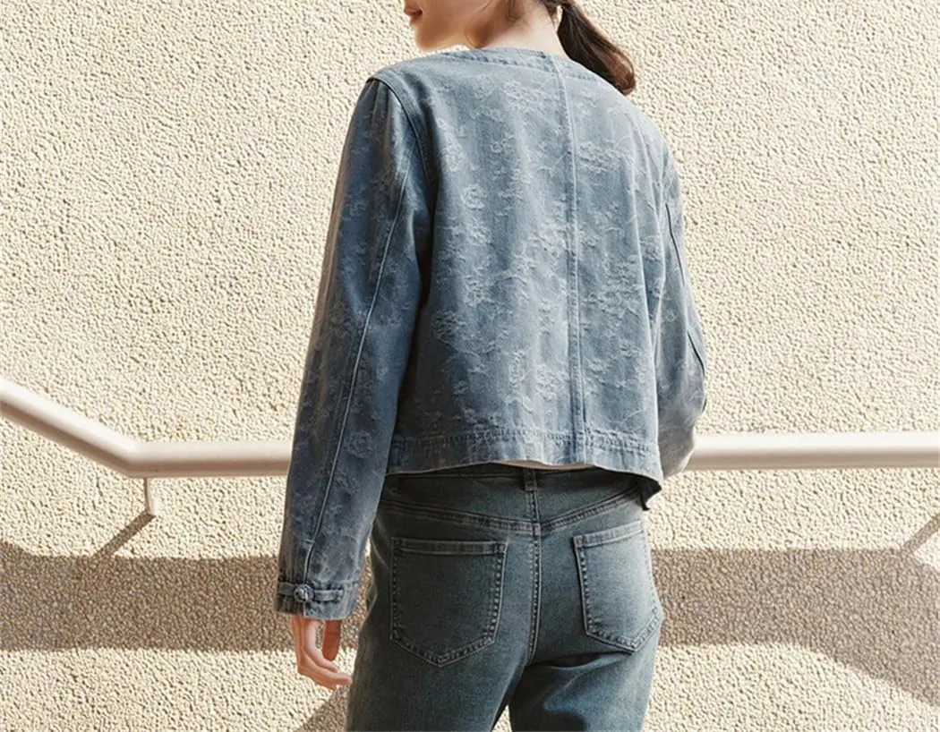 Women Denim Jacket Short Style Round Neck Spring Chinese Knot Jacquard Lightweight Jacket