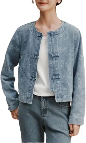 Women Denim Jacket Short Style Round Neck Spring Chinese Knot Jacquard Lightweight Jacket