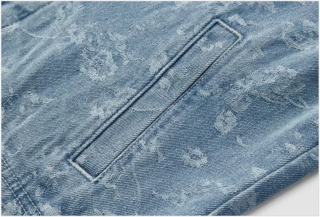 Women Denim Jacket Short Style Round Neck Spring Chinese Knot Jacquard Lightweight Jacket