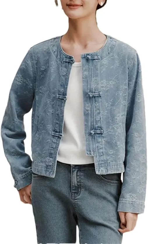 Women Denim Jacket Short Style Round Neck Spring Chinese Knot Jacquard Lightweight Jacket