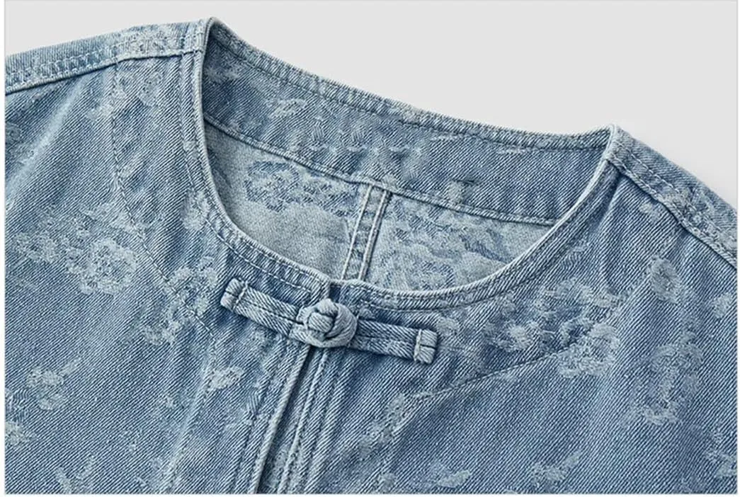 Women Denim Jacket Short Style Round Neck Spring Chinese Knot Jacquard Lightweight Jacket