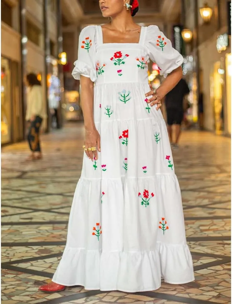 Women Embroidered Maxi Dress Puff Sleeve Square Neck Bohemian Flowy Smocked Dress Summer Fall Boho Long Dresses