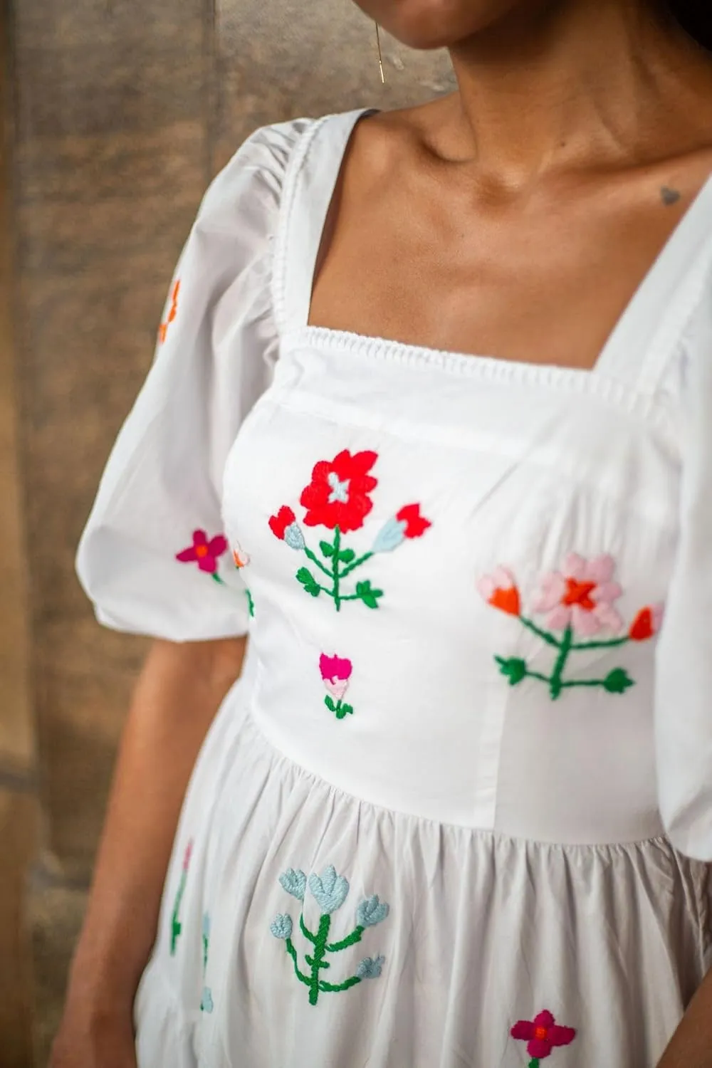 Women Embroidered Maxi Dress Puff Sleeve Square Neck Bohemian Flowy Smocked Dress Summer Fall Boho Long Dresses