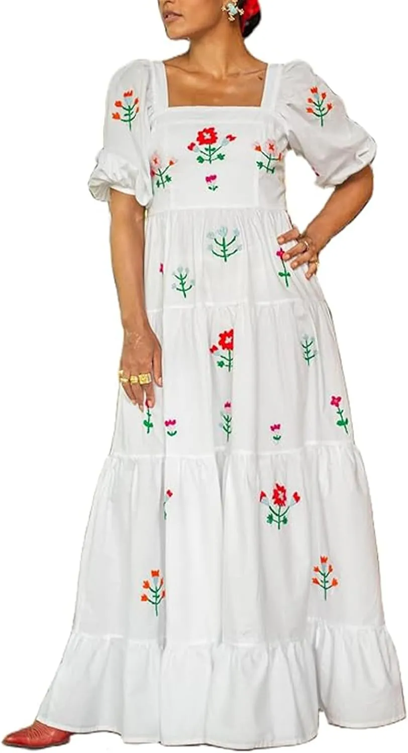 Women Embroidered Maxi Dress Puff Sleeve Square Neck Bohemian Flowy Smocked Dress Summer Fall Boho Long Dresses