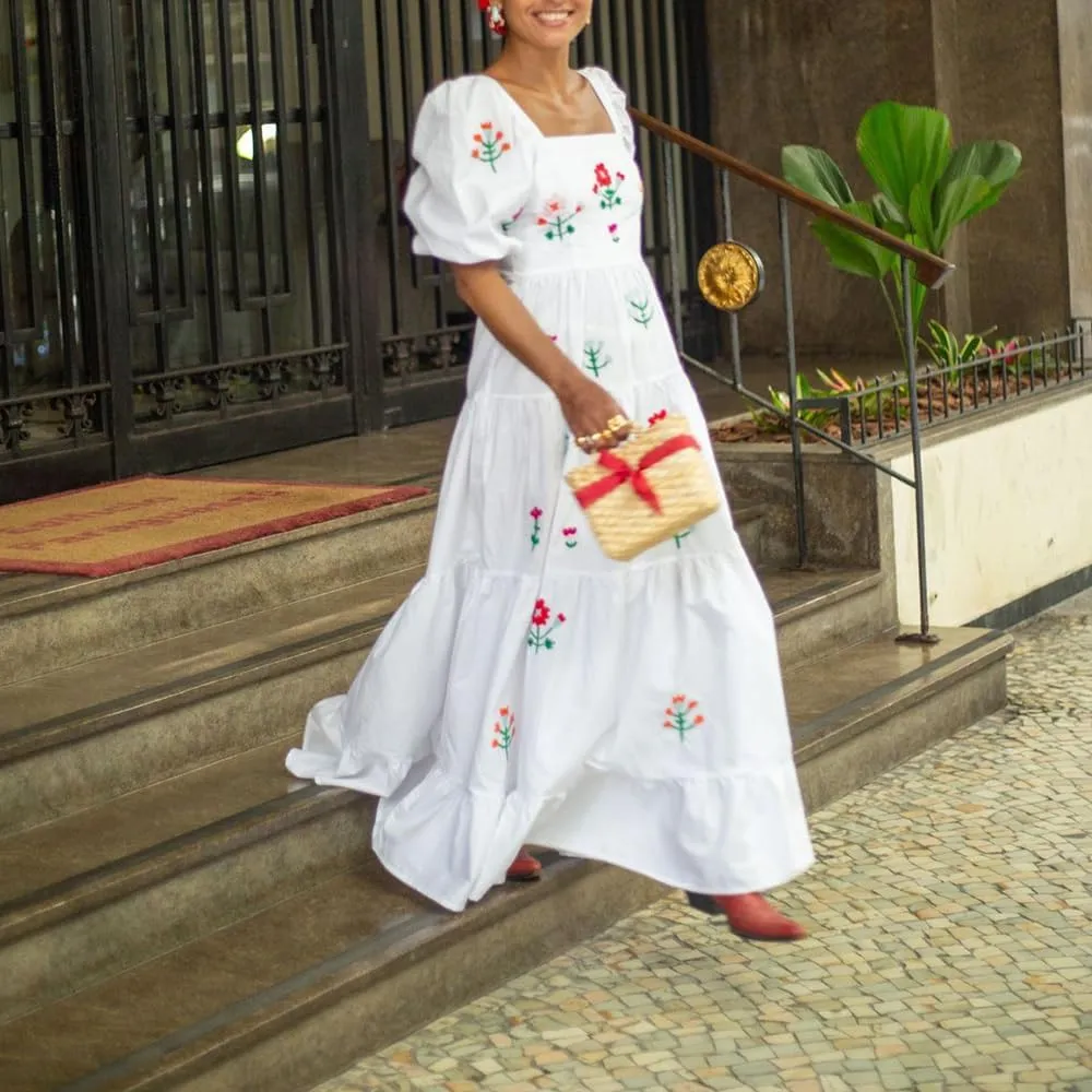 Women Embroidered Maxi Dress Puff Sleeve Square Neck Bohemian Flowy Smocked Dress Summer Fall Boho Long Dresses