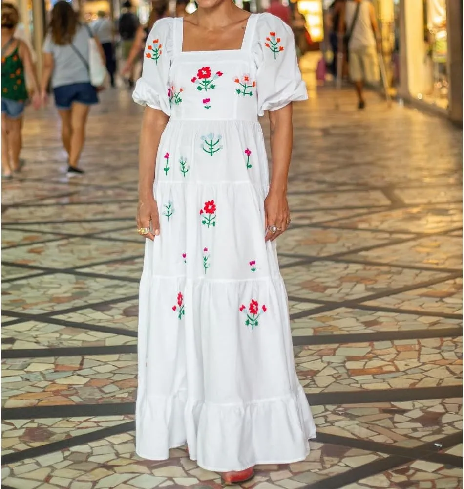 Women Embroidered Maxi Dress Puff Sleeve Square Neck Bohemian Flowy Smocked Dress Summer Fall Boho Long Dresses