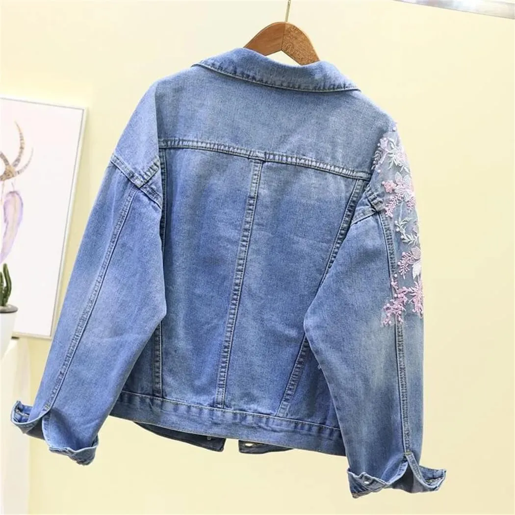 Women Embroidery Denim Short Jacket Spring Autumn Applique Diamond Holes Coat Loose Tops Jean Outerwear Jackets