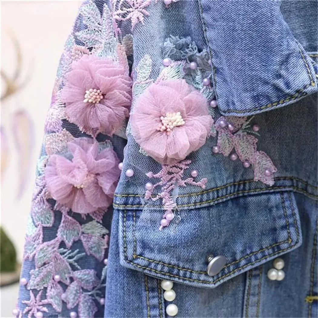 Women Embroidery Denim Short Jacket Spring Autumn Applique Diamond Holes Coat Loose Tops Jean Outerwear Jackets