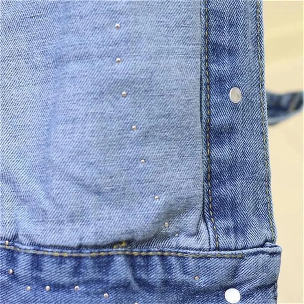 Women Embroidery Denim Short Jacket Spring Autumn Applique Diamond Holes Coat Loose Tops Jean Outerwear Jackets