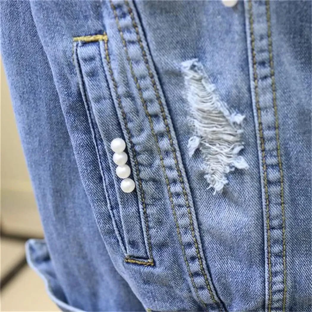 Women Embroidery Denim Short Jacket Spring Autumn Applique Diamond Holes Coat Loose Tops Jean Outerwear Jackets