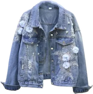 Women Embroidery Denim Short Jacket Spring Autumn Applique Diamond Holes Coat Loose Tops Jean Outerwear Jackets