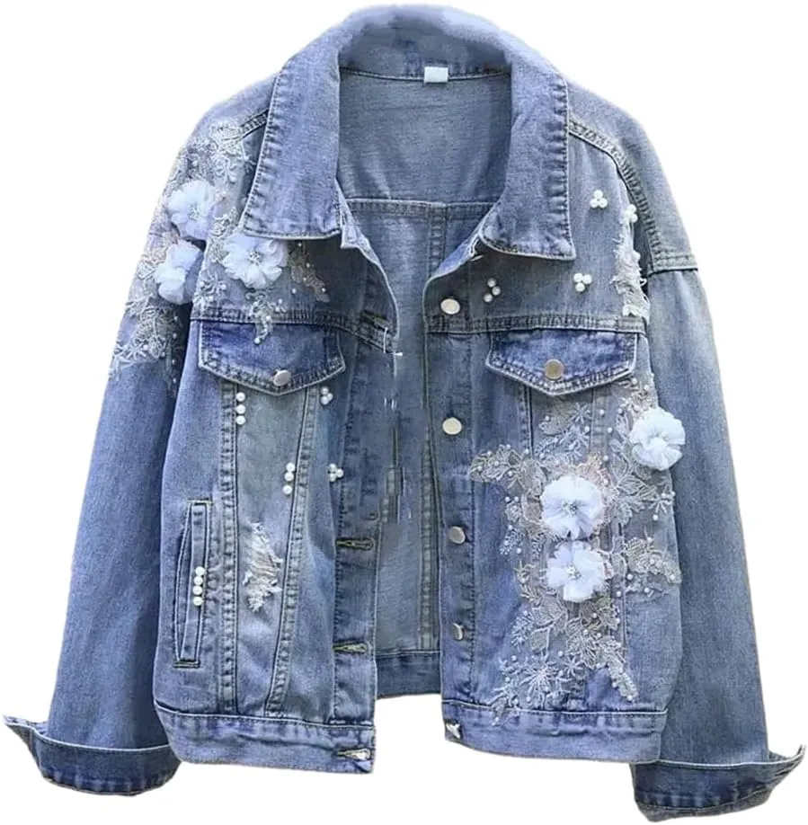 Women Embroidery Denim Short Jacket Spring Autumn Applique Diamond Holes Coat Loose Tops Jean Outerwear Jackets