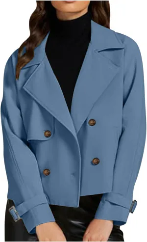 Women Fall Trench Coats Double Breasted Cropped Jackets Fashion Notch Lapel Coats Casual Solid Color Outerwear Tops