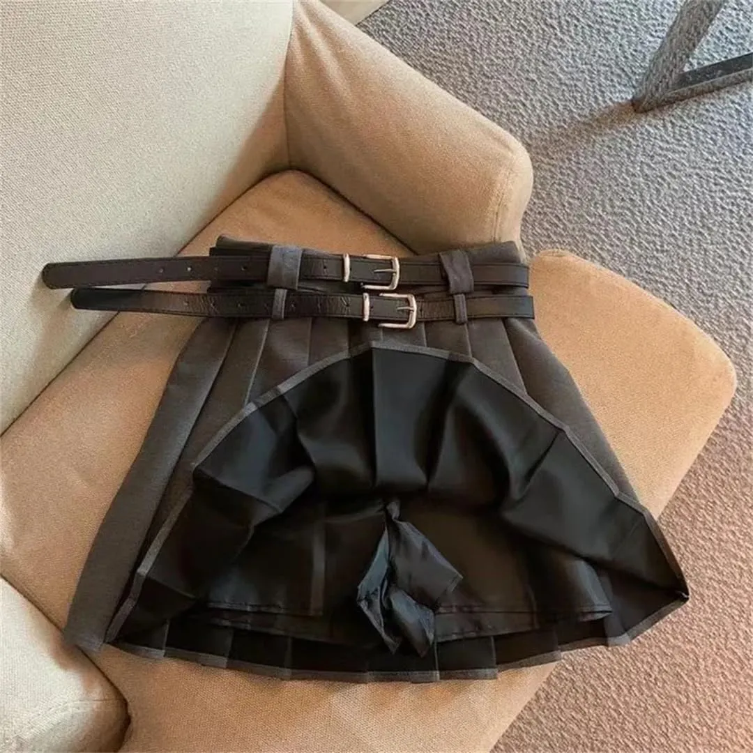 Women Fashion Double Belt High Waisted Pleated Skirt Vintage Mini Skirts