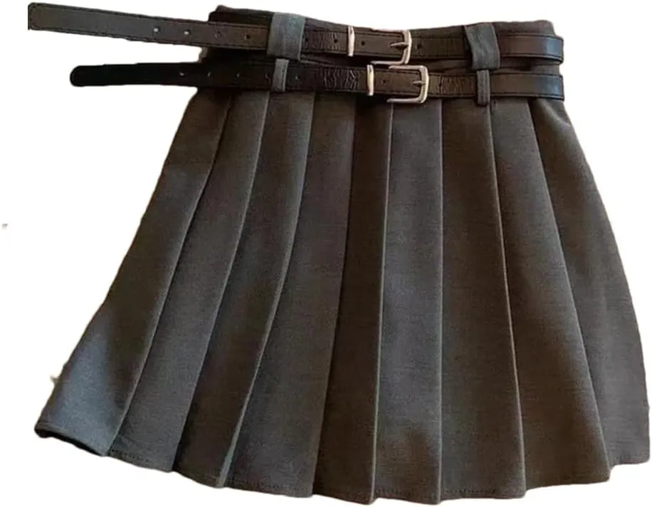 Women Fashion Double Belt High Waisted Pleated Skirt Vintage Mini Skirts