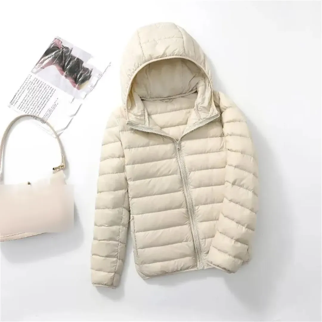 Women Fashion Hoodid Short Puffer Jackets Autumn Winter Female White Duck Down Slim Fit Coat