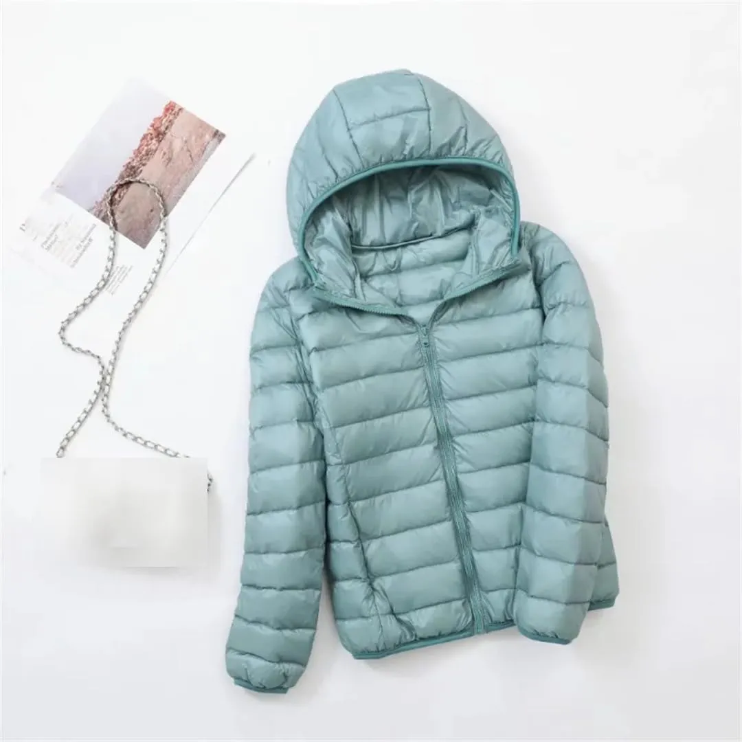 Women Fashion Hoodid Short Puffer Jackets Autumn Winter Female White Duck Down Slim Fit Coat