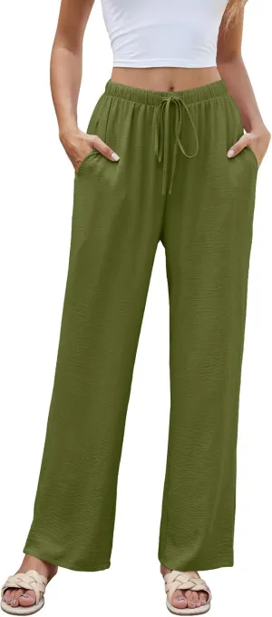 Women High Waist Casual Pants Elastic Wide Leg Summer Beach Palazzo Trousers with Pockets Lightweight Comfy