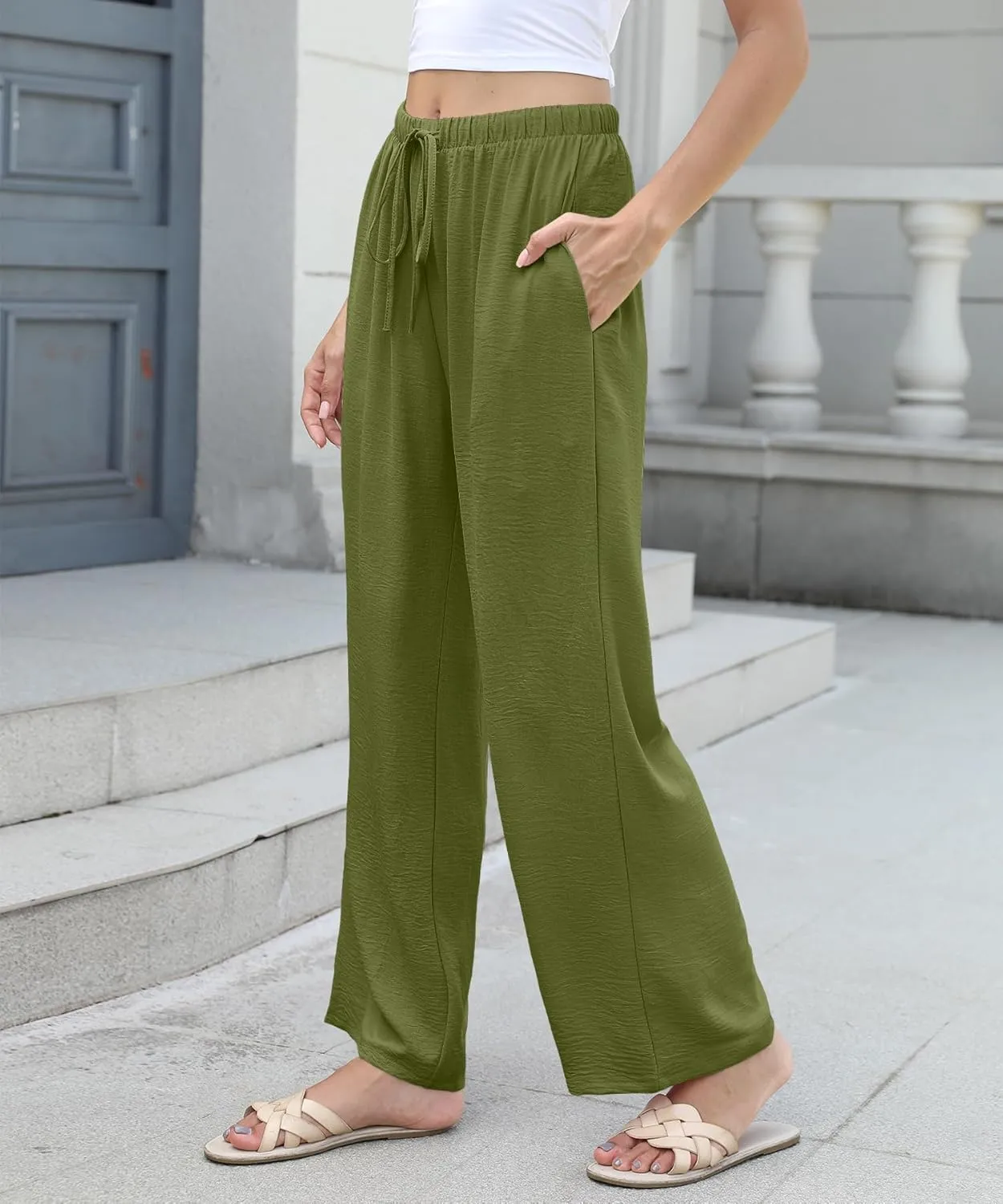 Women High Waist Casual Pants Elastic Wide Leg Summer Beach Palazzo Trousers with Pockets Lightweight Comfy