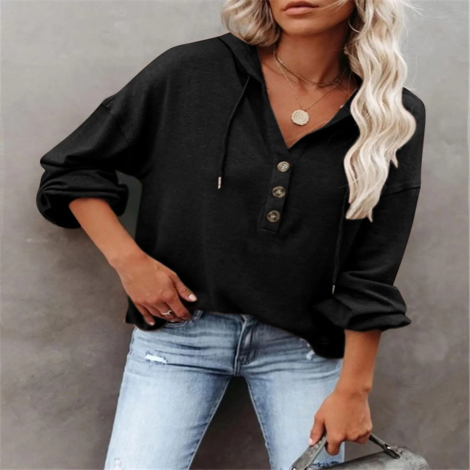 Women Hoodies Long Sleeve Pullover Button V Neck Sweatshirts Solid Color Business Casual Elegant Spring Fall Top