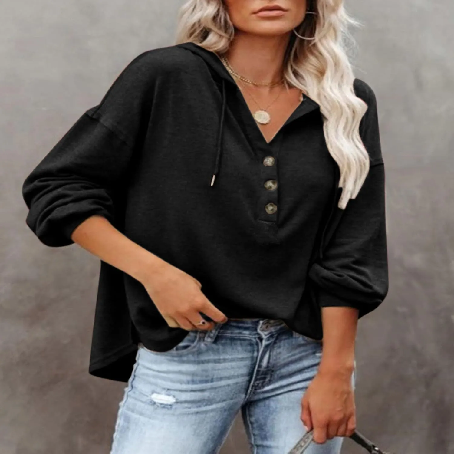 Women Hoodies Long Sleeve Pullover Button V Neck Sweatshirts Solid Color Business Casual Elegant Spring Fall Top