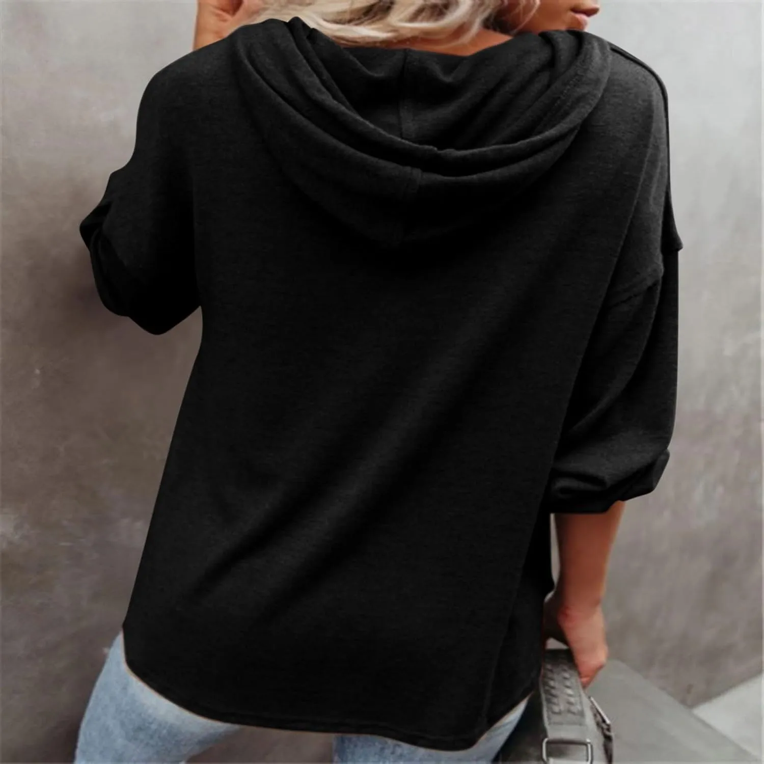 Women Hoodies Long Sleeve Pullover Button V Neck Sweatshirts Solid Color Business Casual Elegant Spring Fall Top