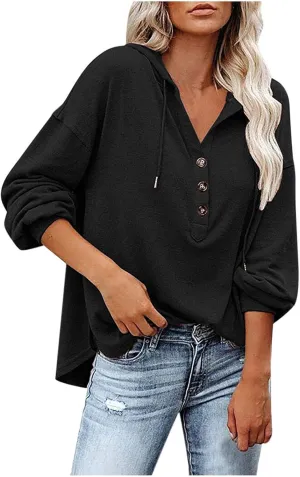 Women Hoodies Long Sleeve Pullover Button V Neck Sweatshirts Solid Color Business Casual Elegant Spring Fall Top