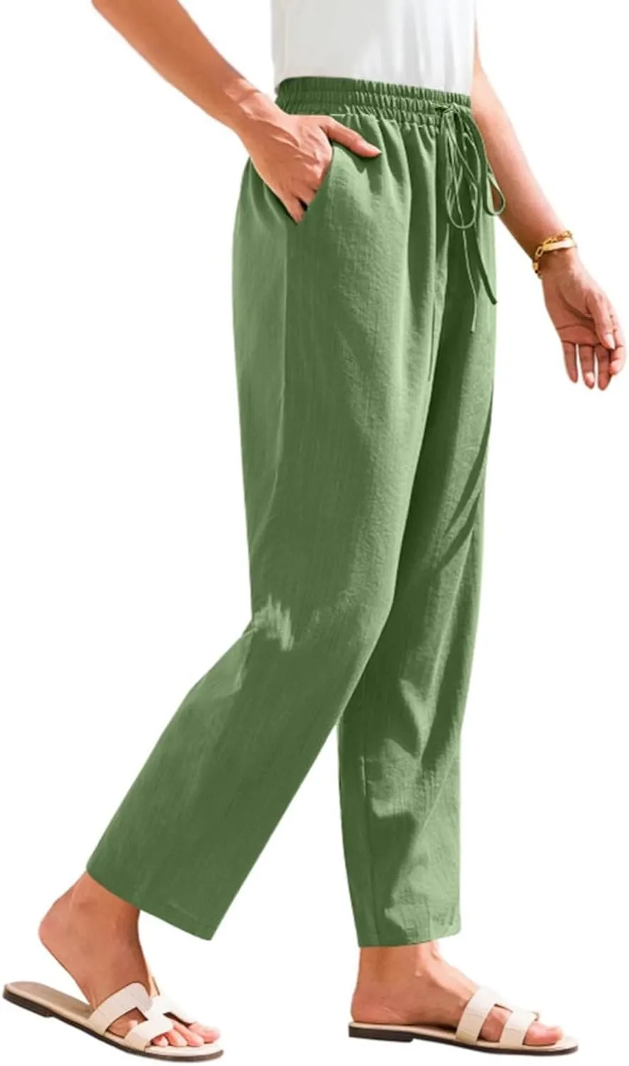 Women Linen Pants Summer Drawstring High Waisted Cropped Straight Leg Pants Casual Ankle Beach Trousers with Pockets