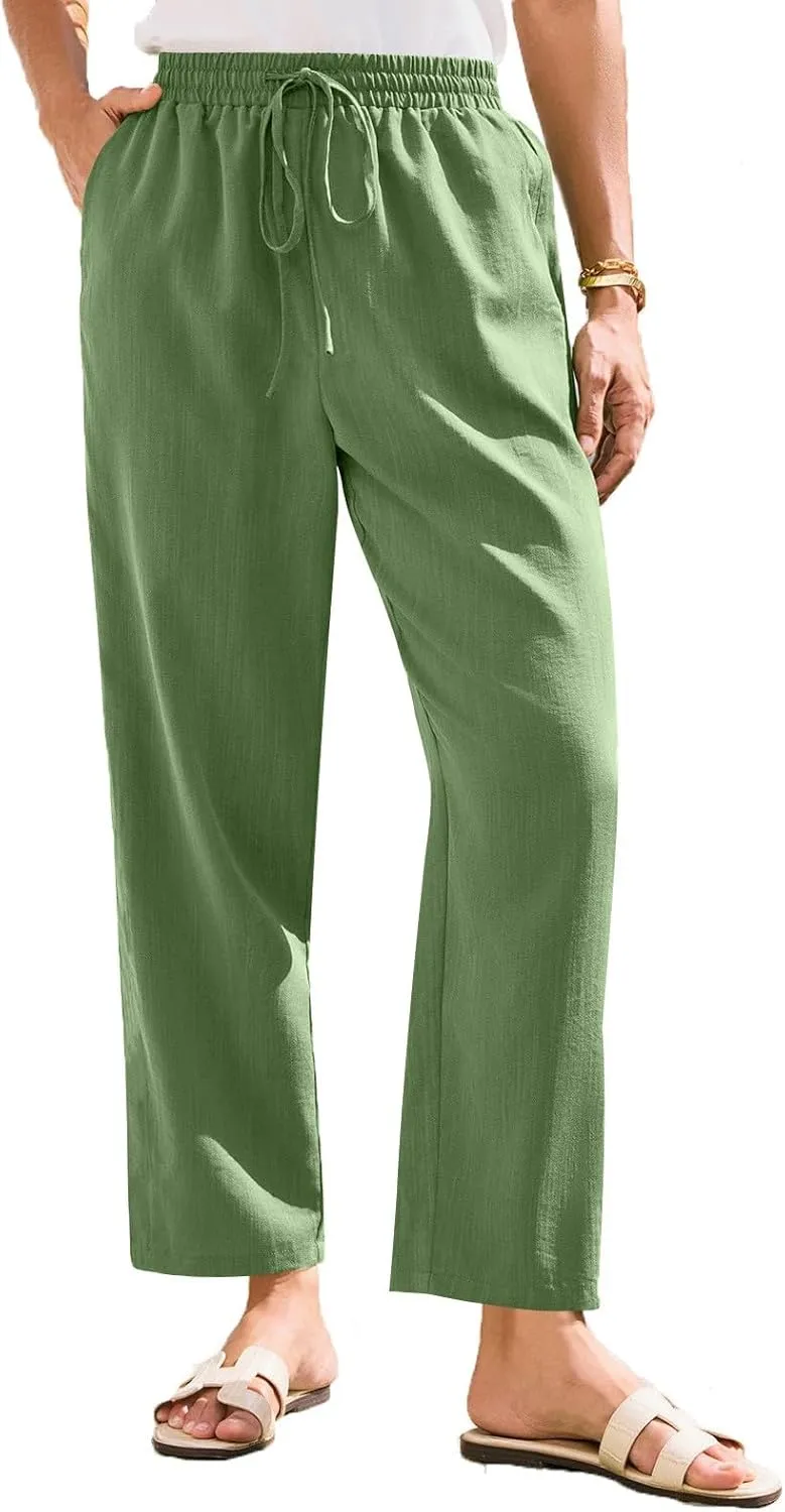 Women Linen Pants Summer Drawstring High Waisted Cropped Straight Leg Pants Casual Ankle Beach Trousers with Pockets
