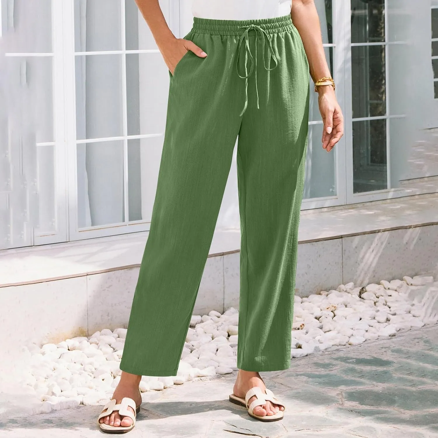 Women Linen Pants Summer Drawstring High Waisted Cropped Straight Leg Pants Casual Ankle Beach Trousers with Pockets