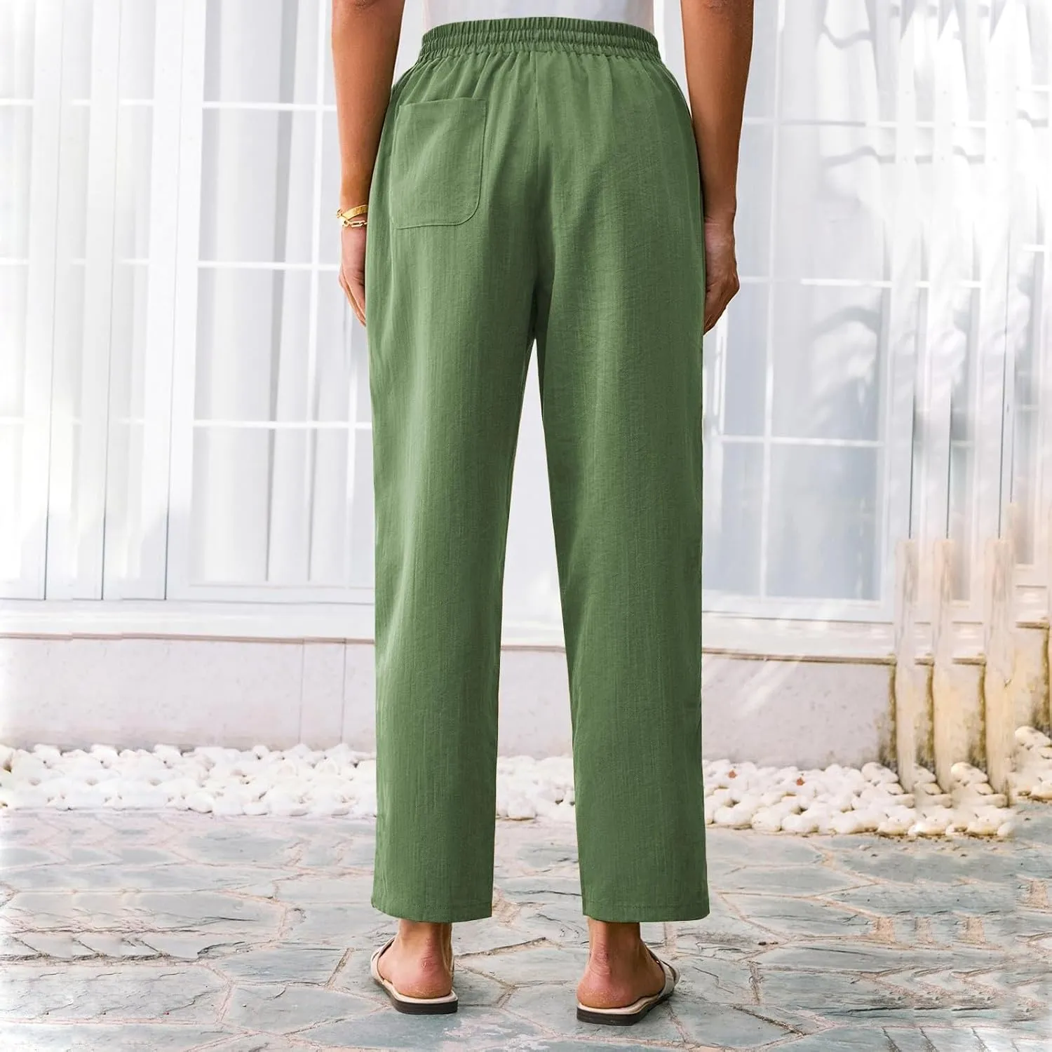 Women Linen Pants Summer Drawstring High Waisted Cropped Straight Leg Pants Casual Ankle Beach Trousers with Pockets