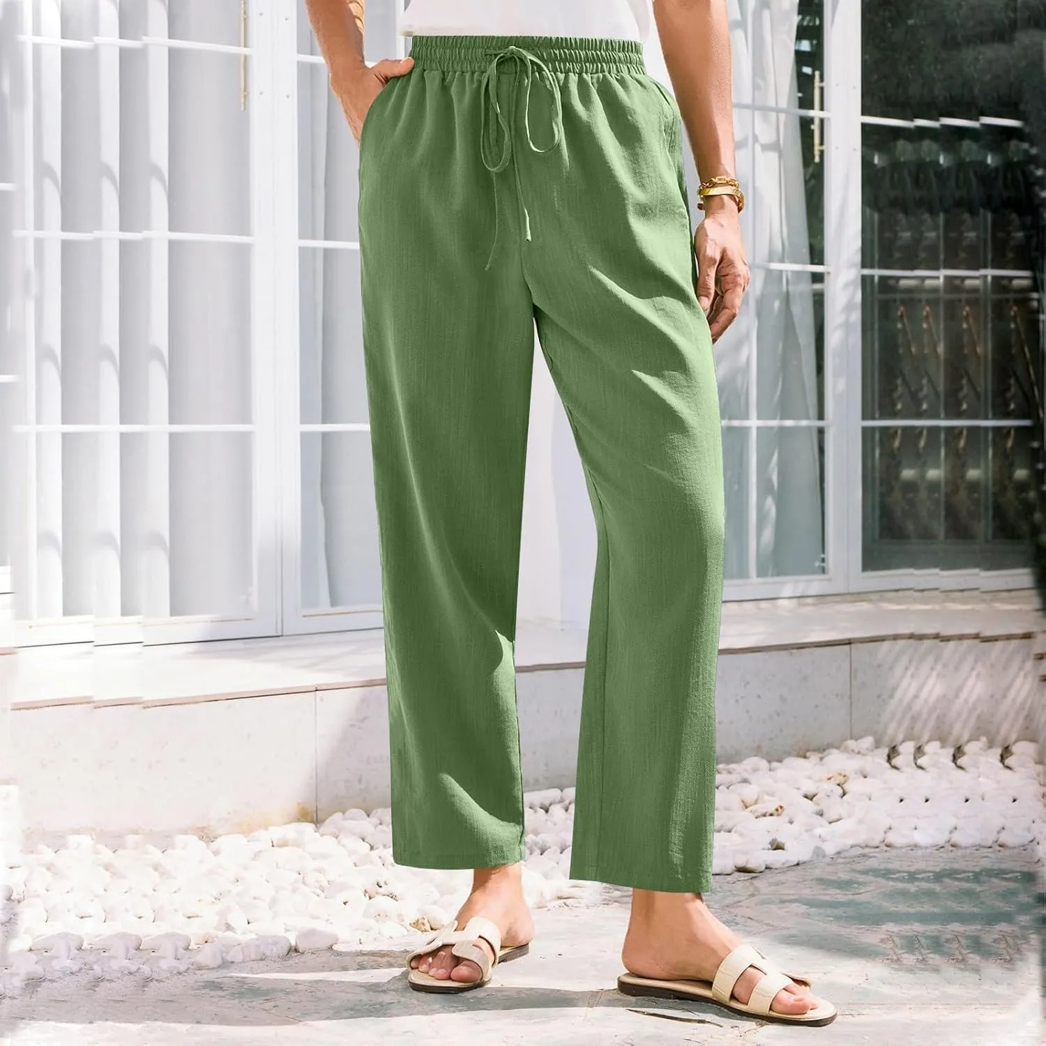 Women Linen Pants Summer Drawstring High Waisted Cropped Straight Leg Pants Casual Ankle Beach Trousers with Pockets