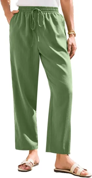 Women Linen Pants Summer Drawstring High Waisted Cropped Straight Leg Pants Casual Ankle Beach Trousers with Pockets