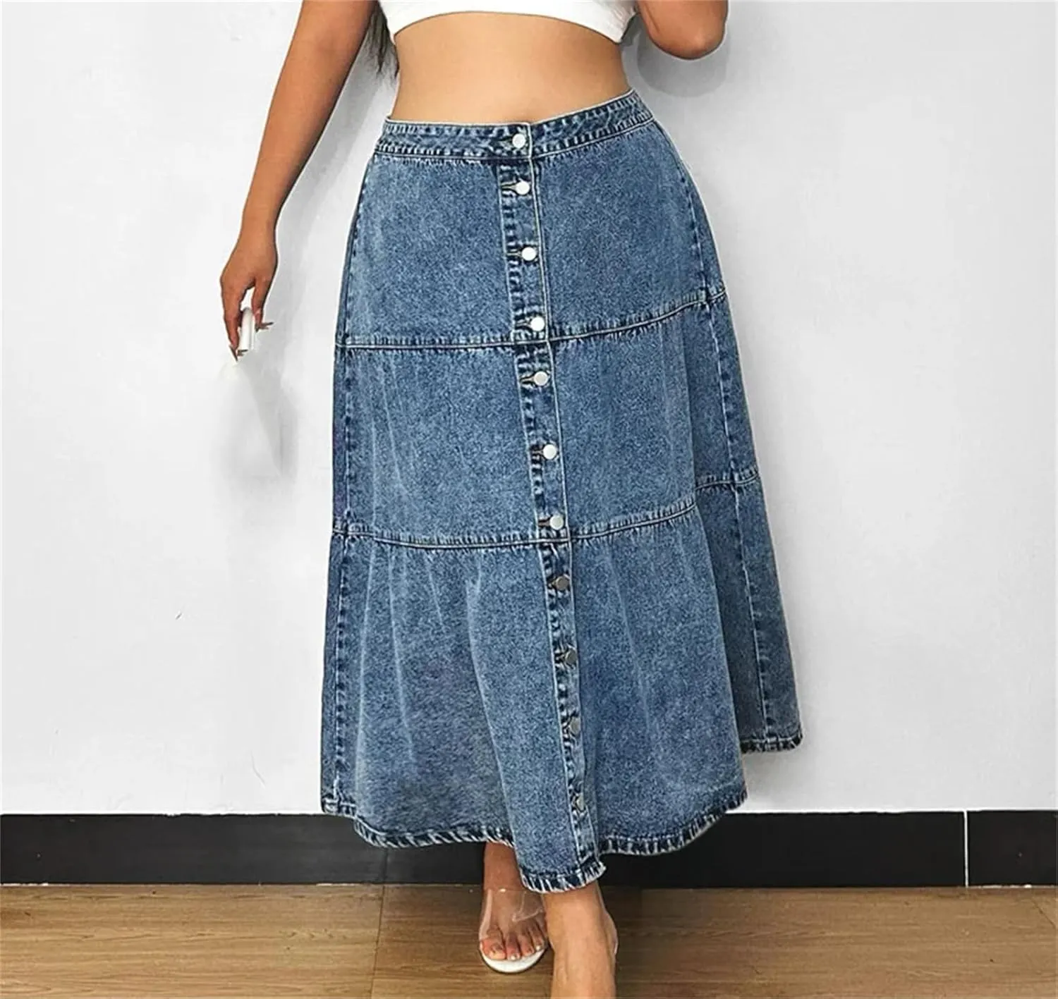 Women Long Button Front Denim Skirts Vintage High Waist Casual Big Swing A-Line Skirt