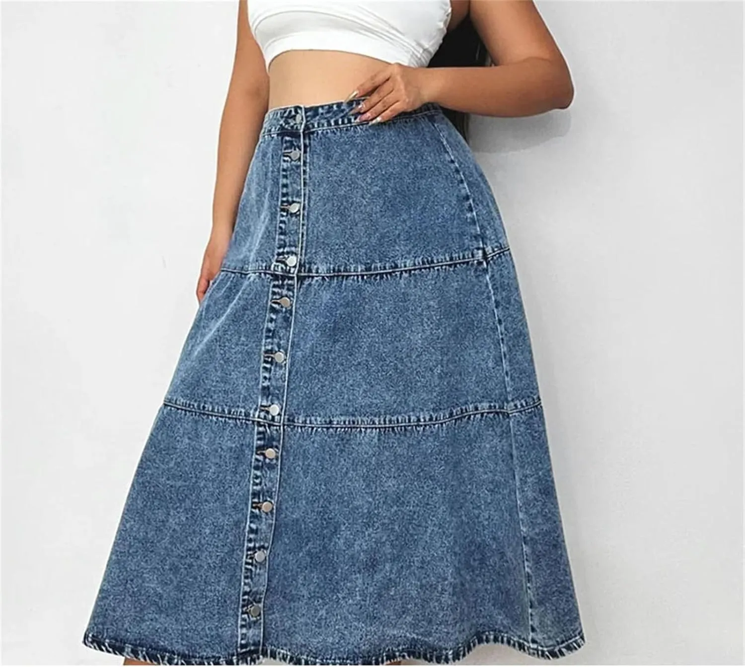 Women Long Button Front Denim Skirts Vintage High Waist Casual Big Swing A-Line Skirt