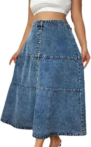 Women Long Button Front Denim Skirts Vintage High Waist Casual Big Swing A-Line Skirt