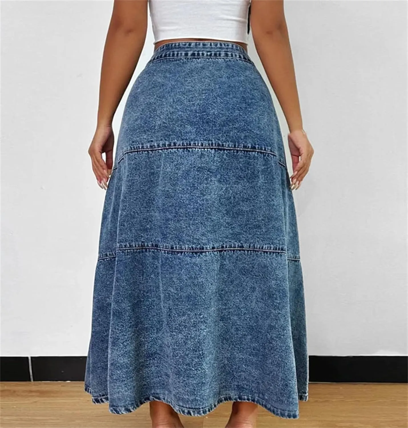 Women Long Button Front Denim Skirts Vintage High Waist Casual Big Swing A-Line Skirt