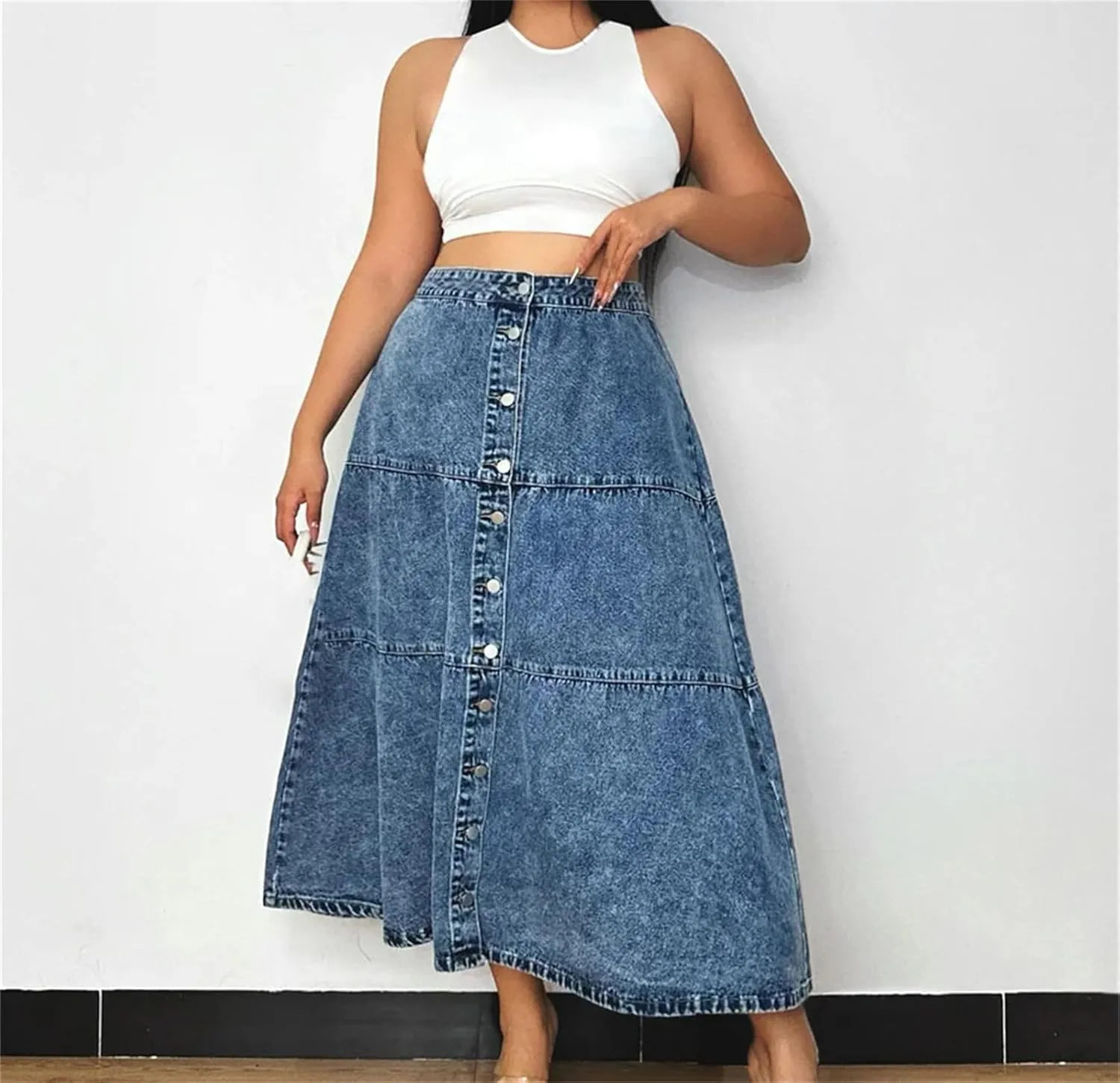 Women Long Button Front Denim Skirts Vintage High Waist Casual Big Swing A-Line Skirt