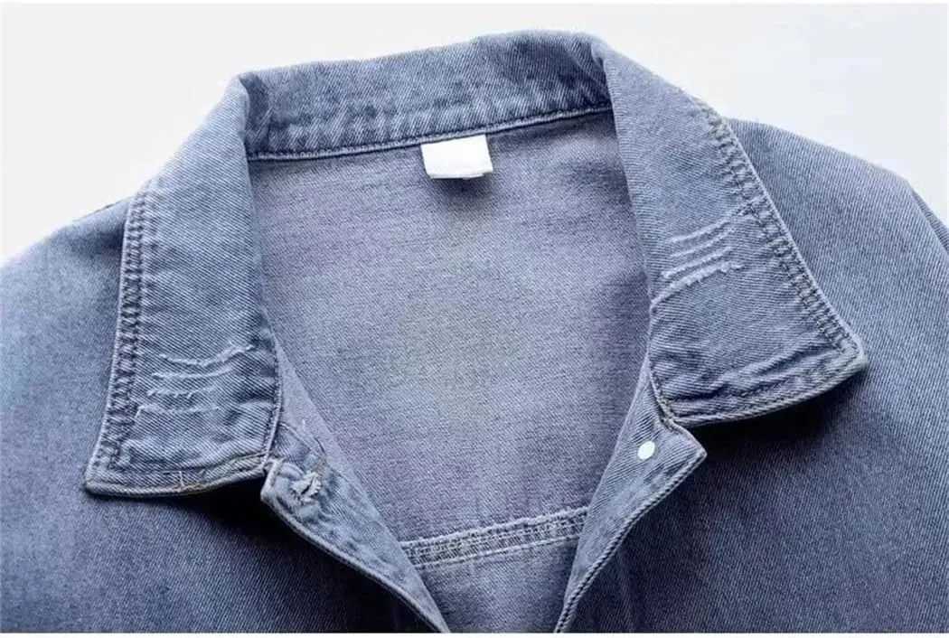 Women Long Sleeve Cropped Denim Jacket Wash Short Jean Jacket Trucker Loose Fit Coat