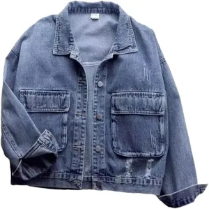 Women Long Sleeve Cropped Denim Jacket Wash Short Jean Jacket Trucker Loose Fit Coat