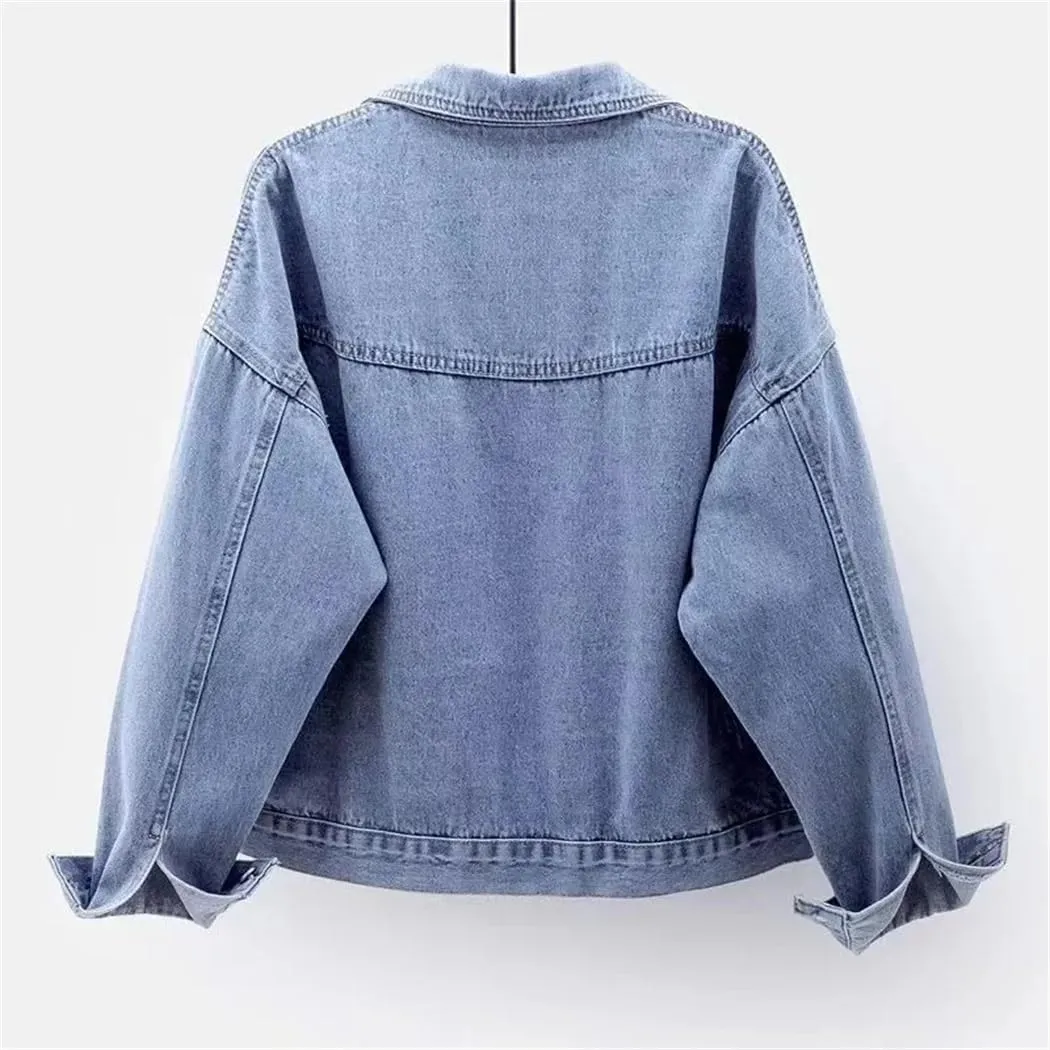 Women Long Sleeve Cropped Denim Jacket Wash Short Jean Jacket Trucker Loose Fit Coat