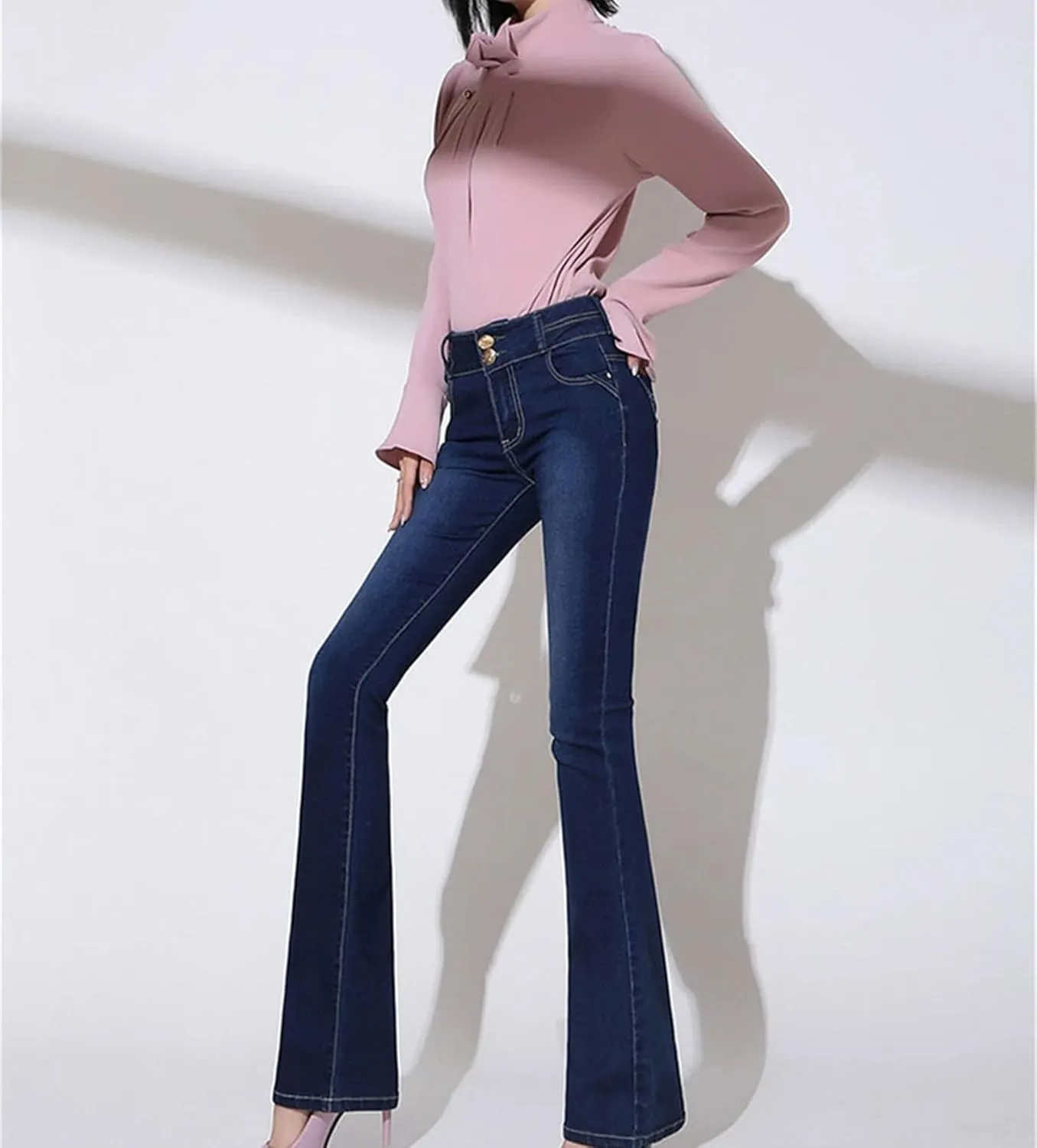 Women Oversized Slim Flare Denim Pants High Waist Skinny Jeans Casual Stretch Trousers